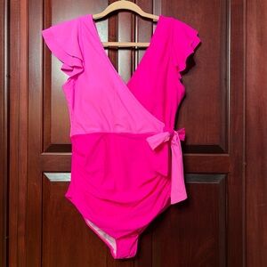 Blooming Jelly Women's 12 Swimsuit One Piece Ruffle Sleeves Hot Pink Swimwear XL